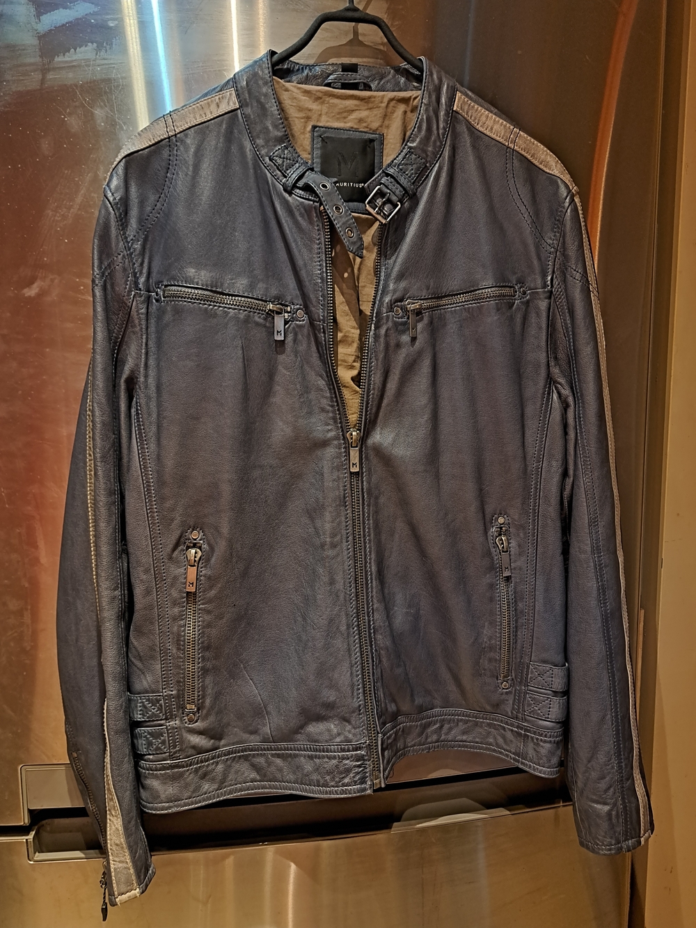 Mens Vintage-Inspired Leather Jacket - Blue Gray Mauritius